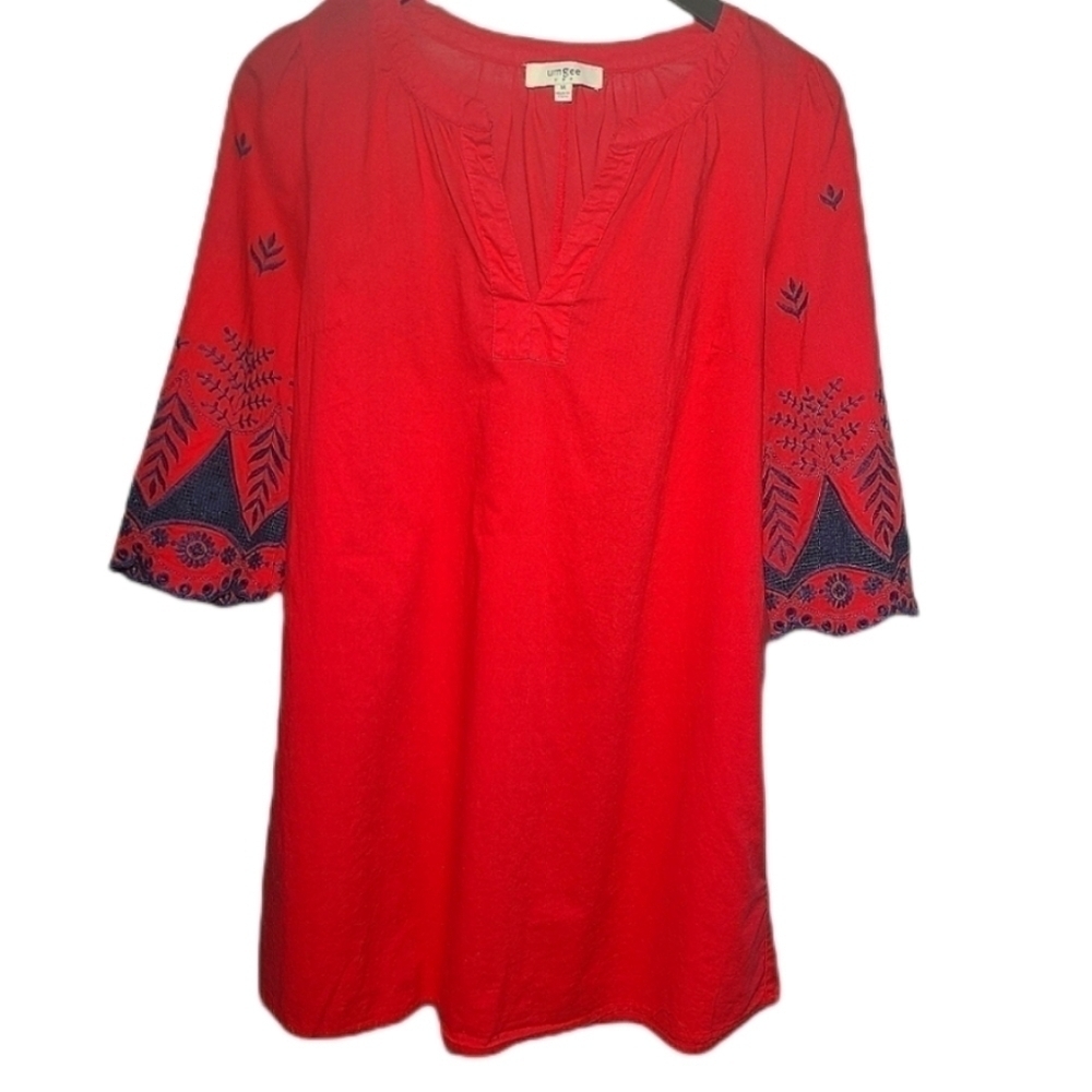 Umgee Boho Shift Dress Embroidered Sleeves Red Blue, Size Medium
